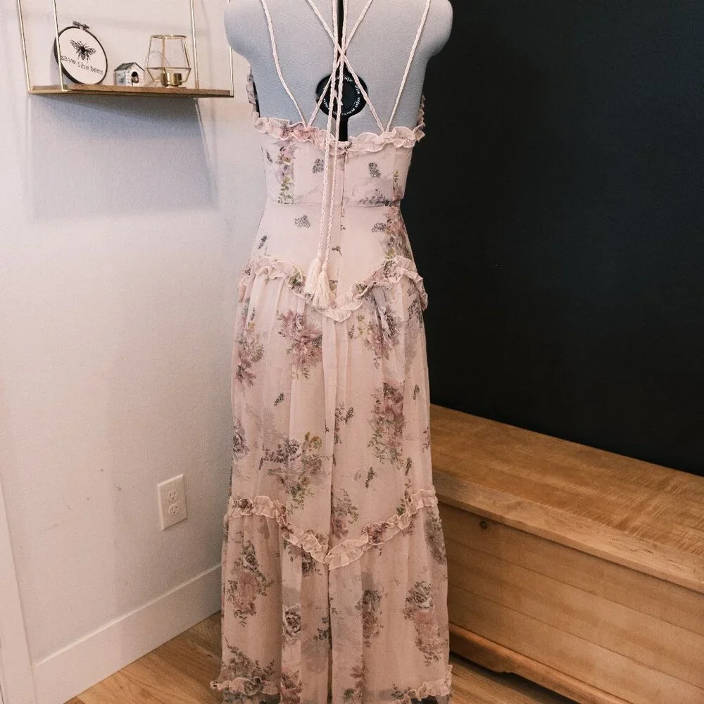 ASOS Design Pink floral chiffon beaded maxi dress - Size US 6 - Picture 5 of 8